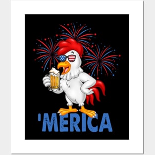 Merica Funny Chicken with beer USA Flag 4th of July Posters and Art